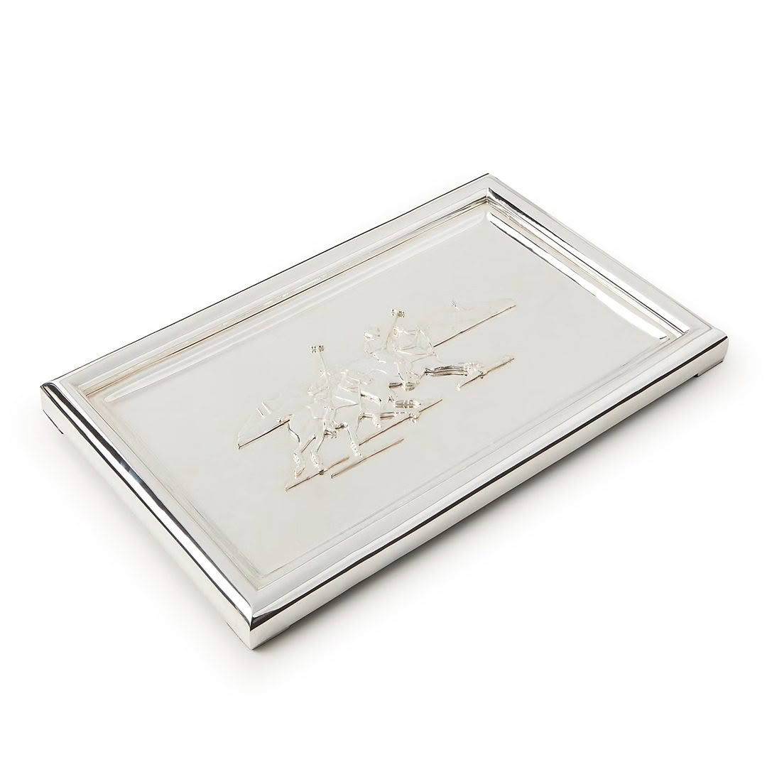 Silver tray with embossed glass horse design