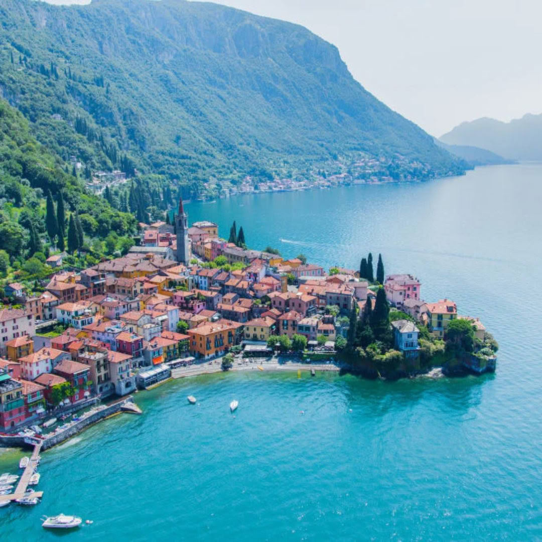 Aerial view of colorful village by Lake Como, Italy