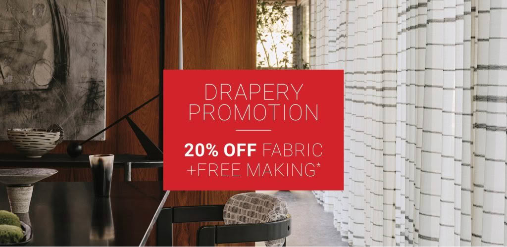 Drapery promotion ad with discount text overlay