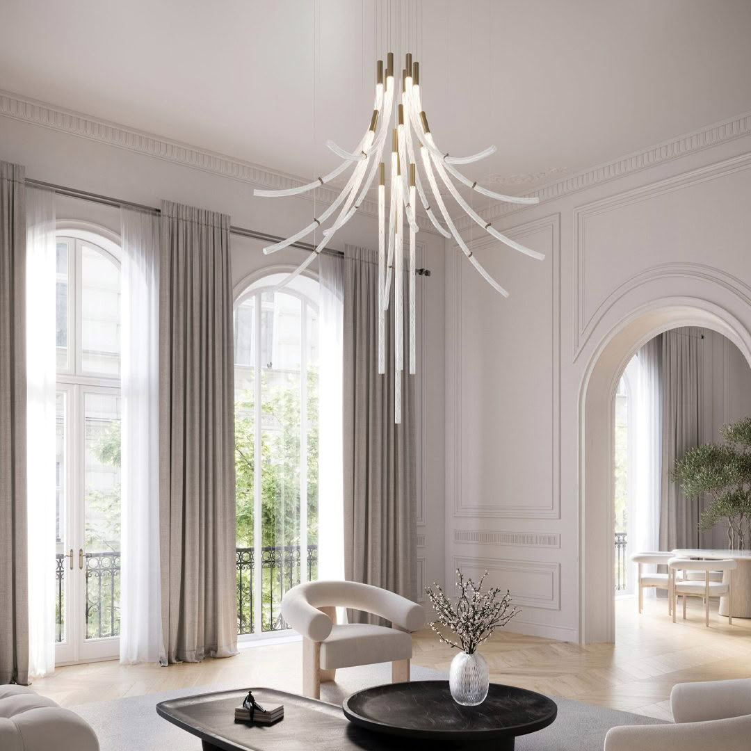Elegant interior with modern chandelier and arched windows