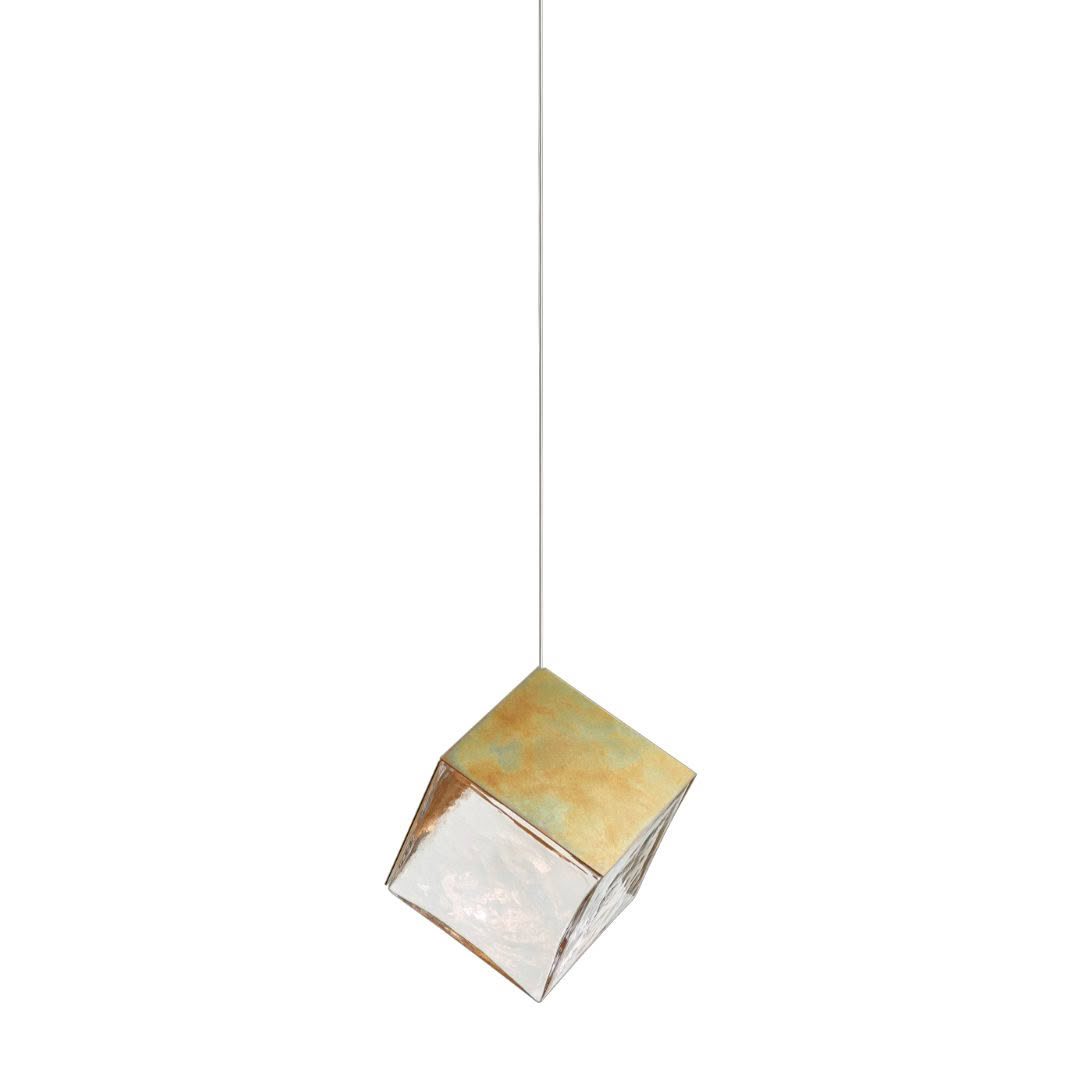 Cubical pendant light with metallic finish, hanging