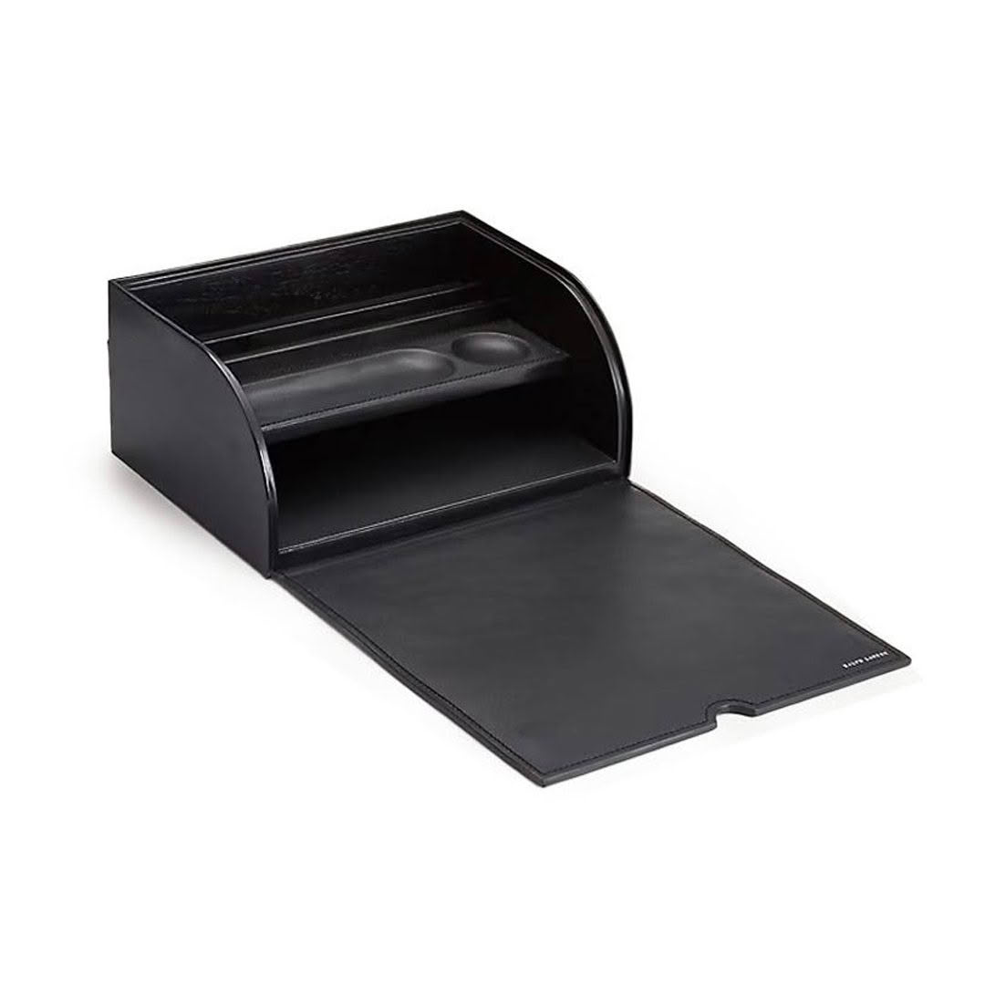 Black leather watch display case with open cover