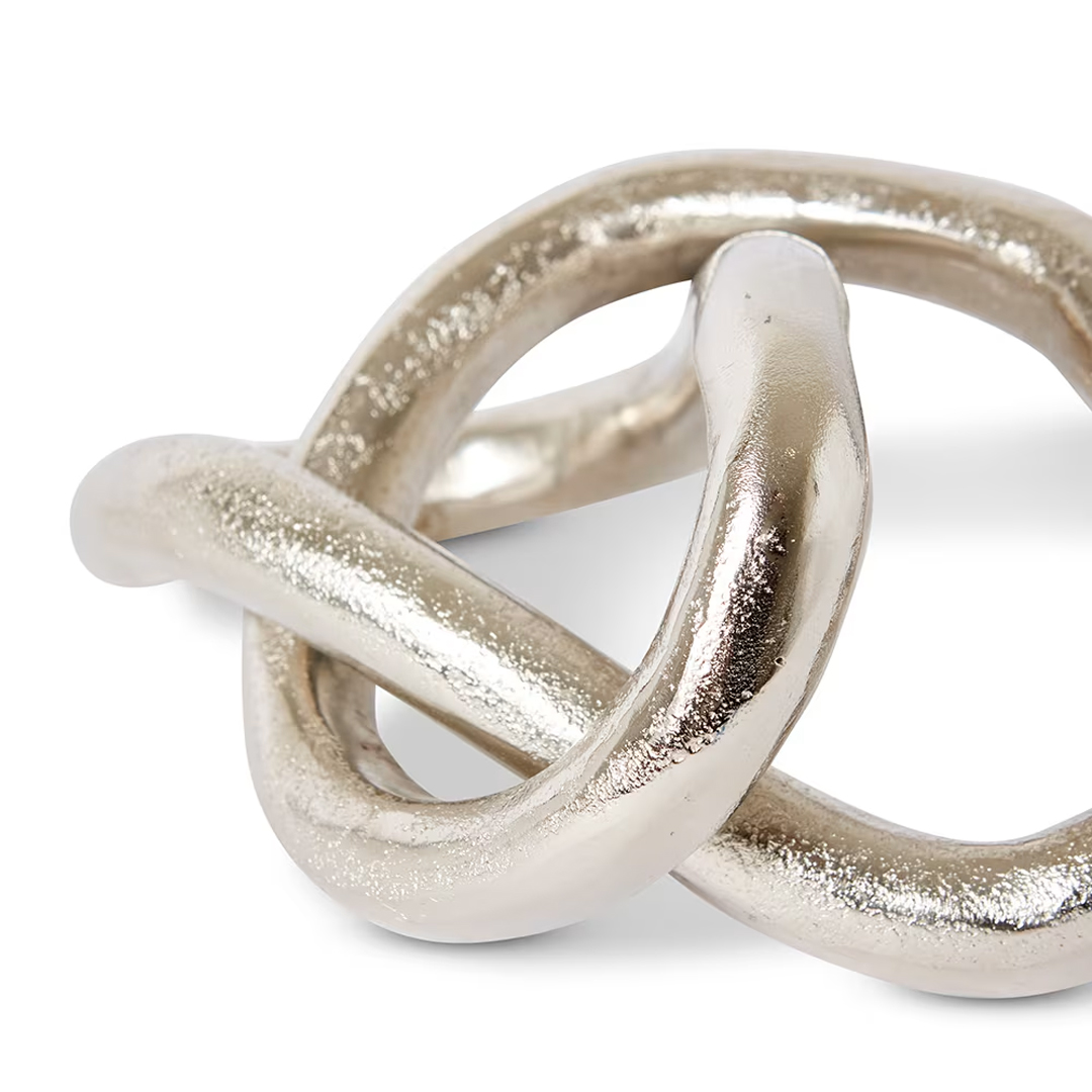 Silver interlocking rings on white background