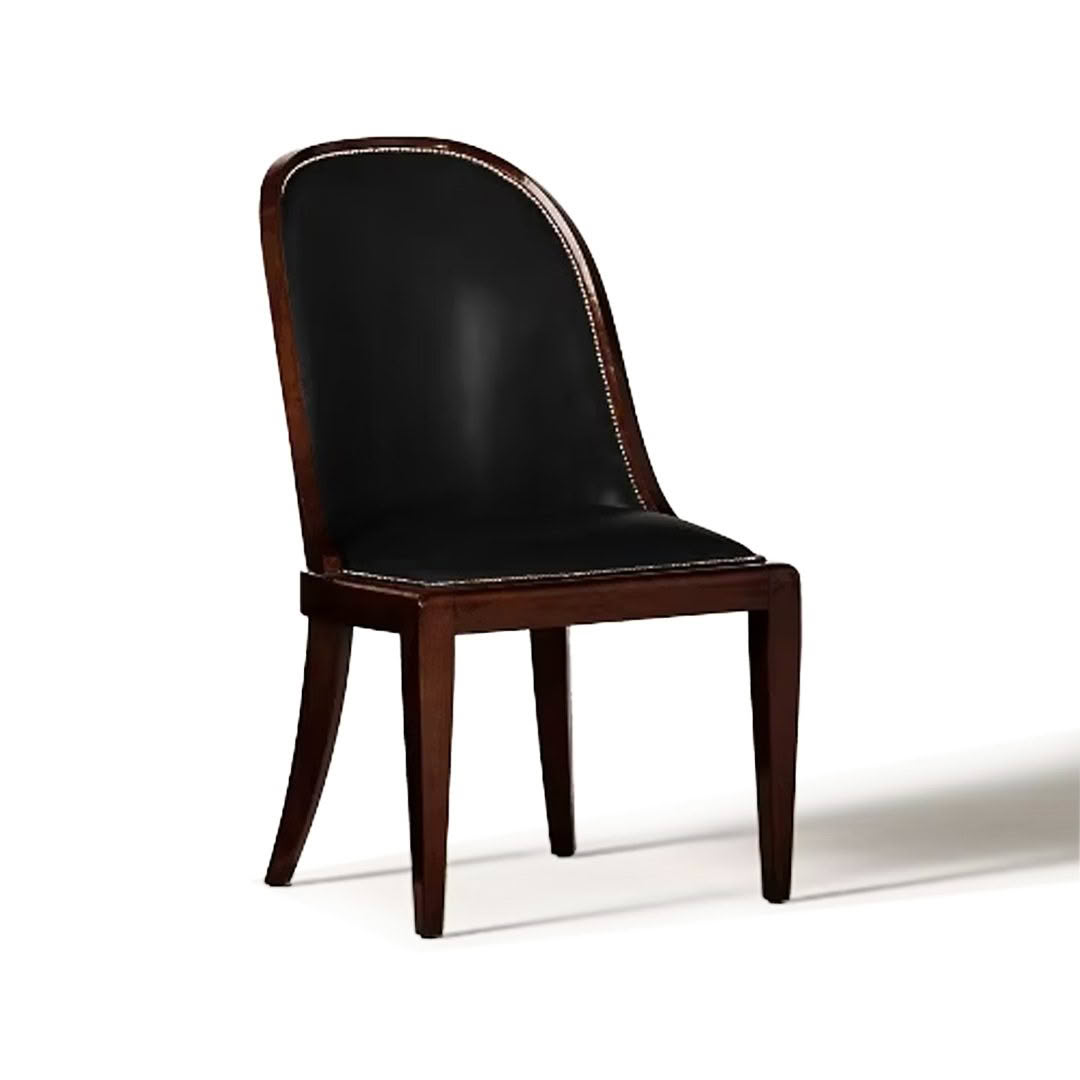 Elegant black leather dining chair with wooden legs