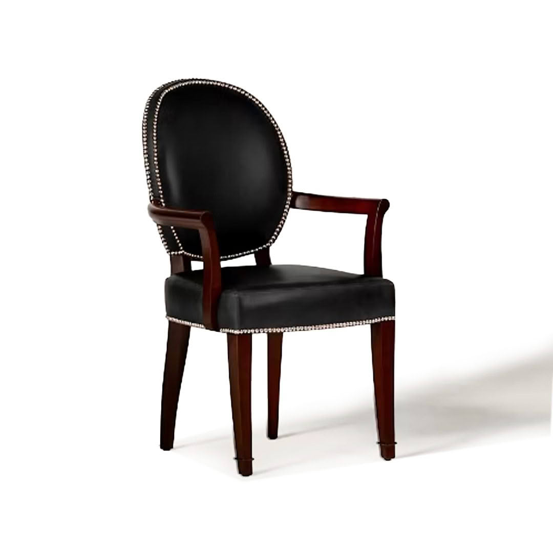 Elegant black leather chair with wooden arms and legs