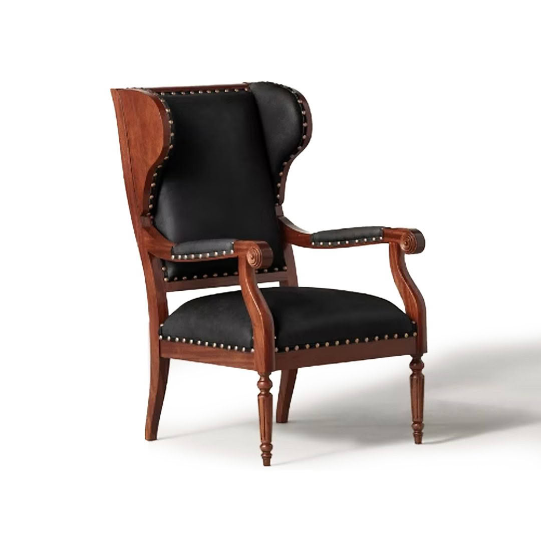 Elegant antique black leather and wood armchair