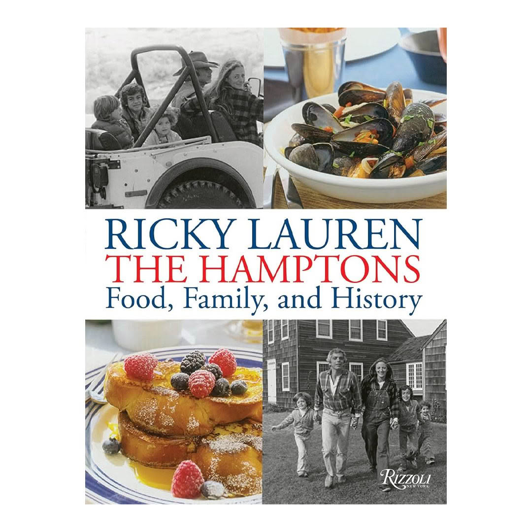 Cover of 'The Hamptons' book with family photos and food