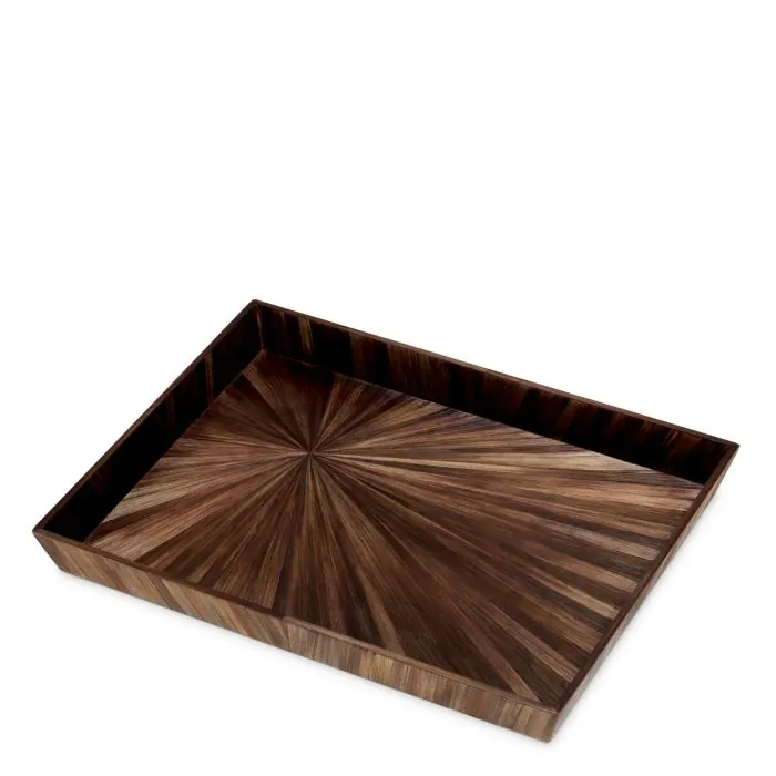 Wooden serving tray with radial dark wood pattern
