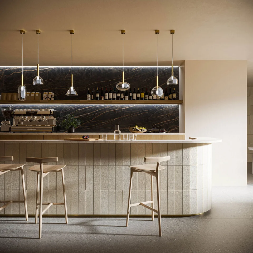 Modern bar interior with marble accents and pendant lights