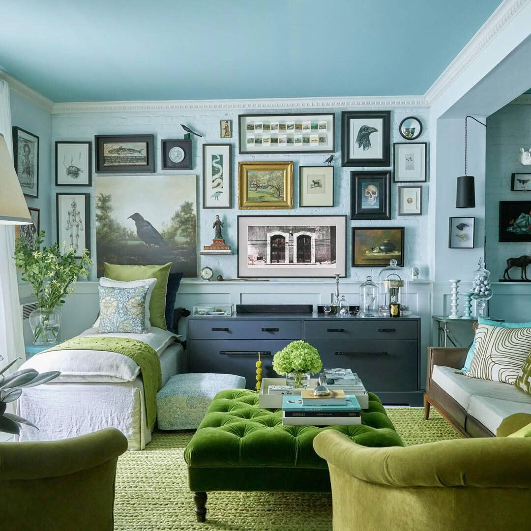 Cozy eclectic living room with gallery wall and elegant decor