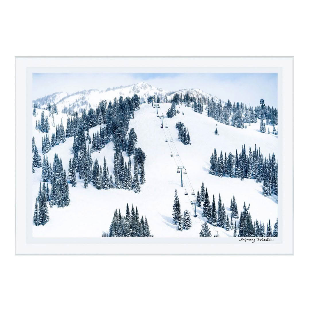 Snowy ski slopes with chairlifts and pine trees