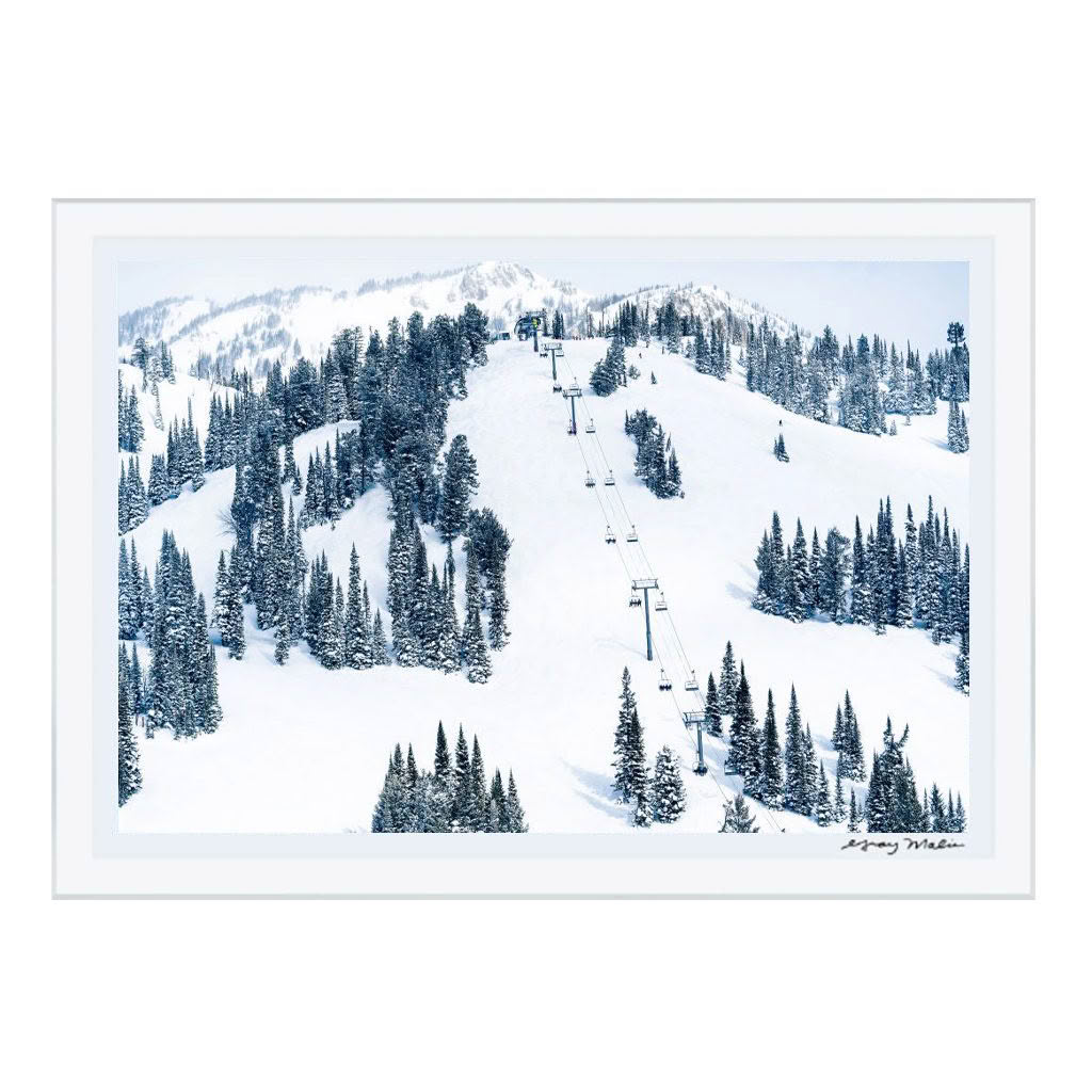 Snow-covered ski resort with chairlifts and pine trees