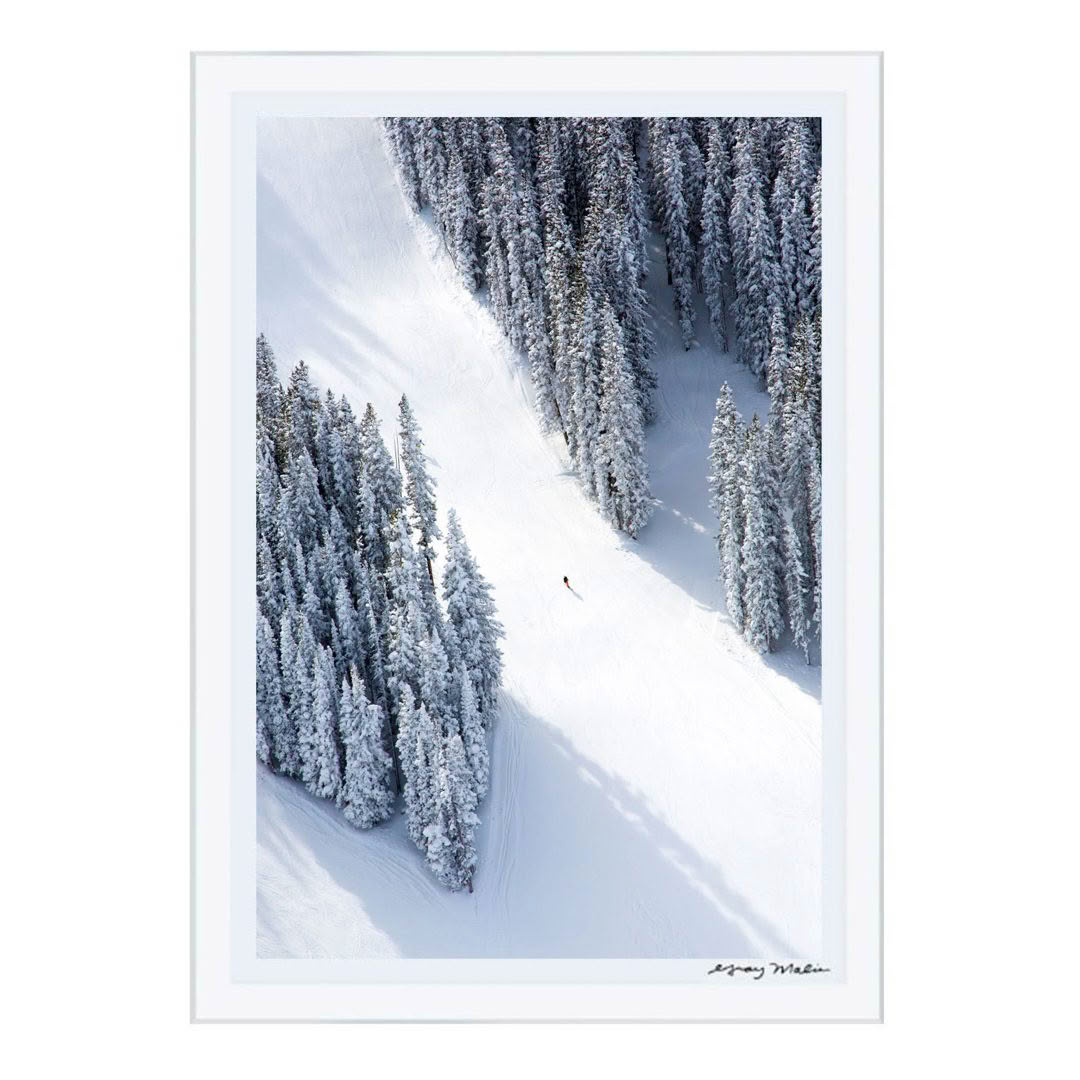Snowy mountain slope with skier and dense pine trees