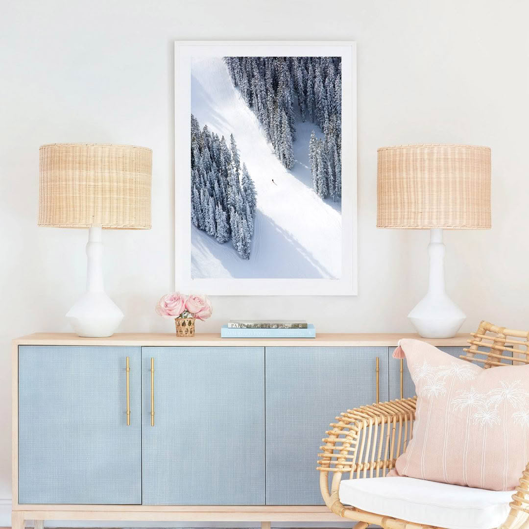 Chic room with snow mountain photo and woven lamps