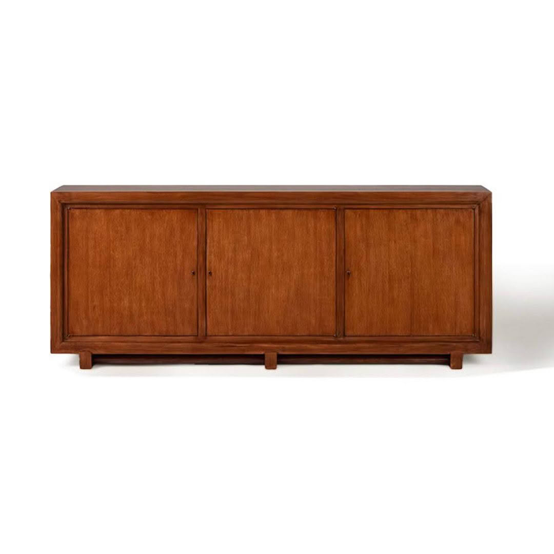 Wide wooden vintage-style credenza on white background