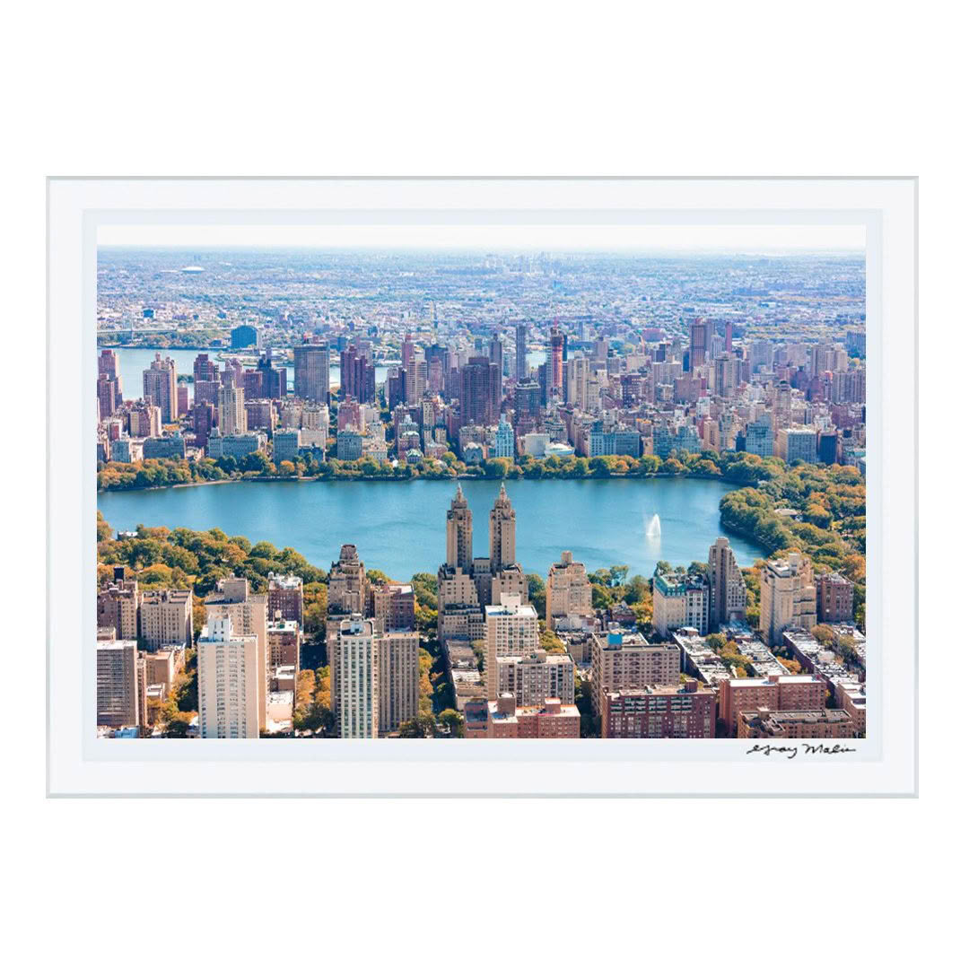 Aerial view of Central Park and surrounding Manhattan skyline.