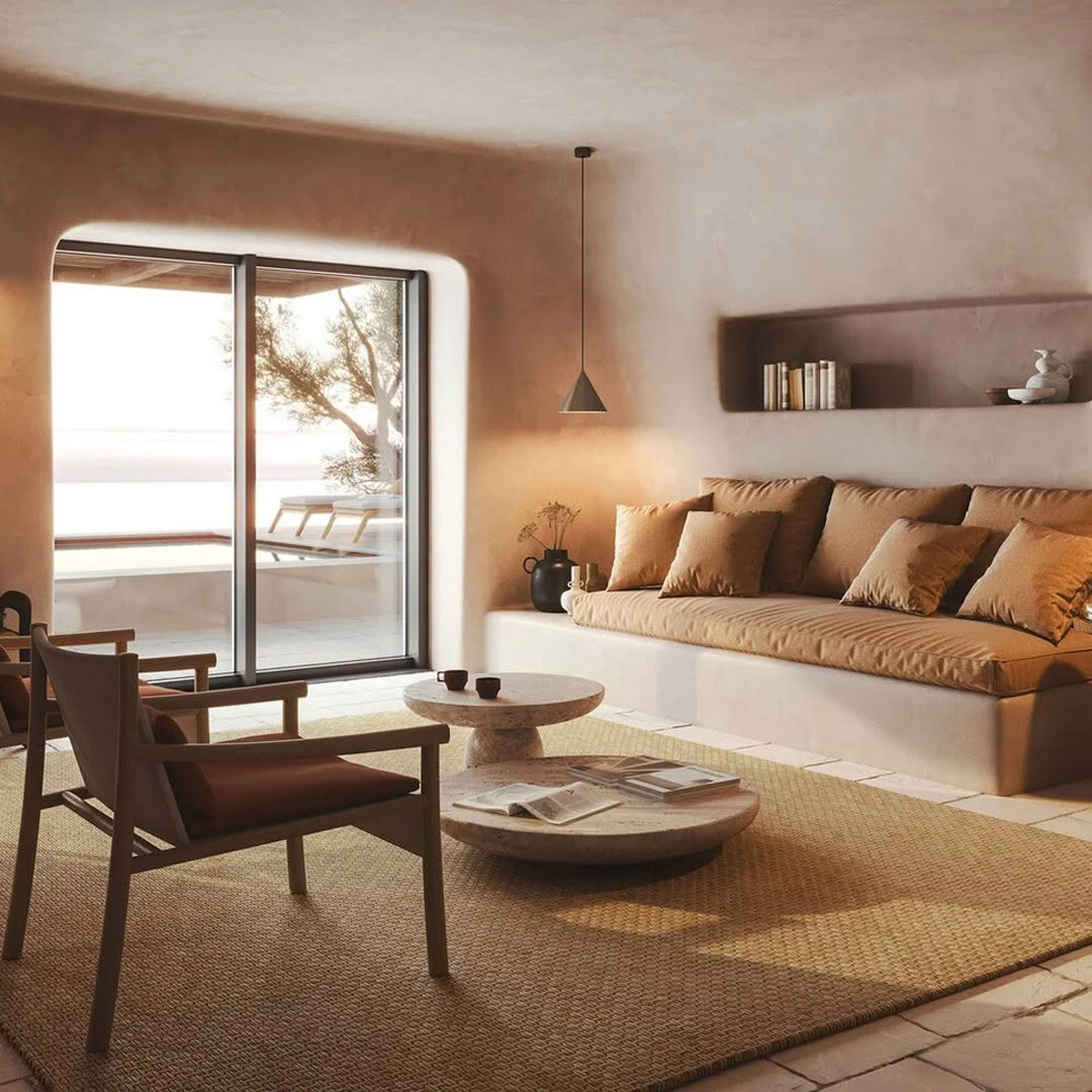 Cozy seaside living room with modern furnishings and view