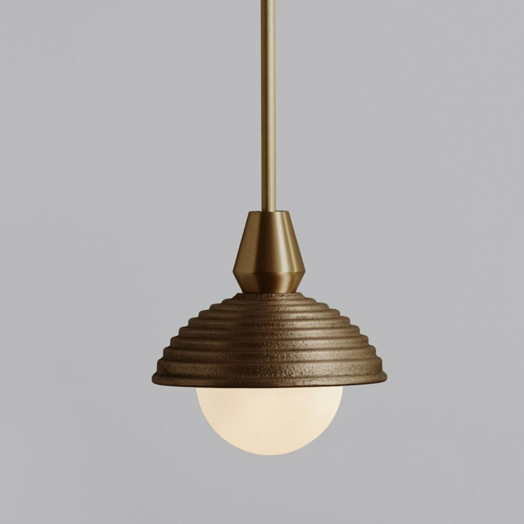 EOS-pendant-single,-Antique-Brass,-On Bronze pendant lamp with ridged shade and globe light