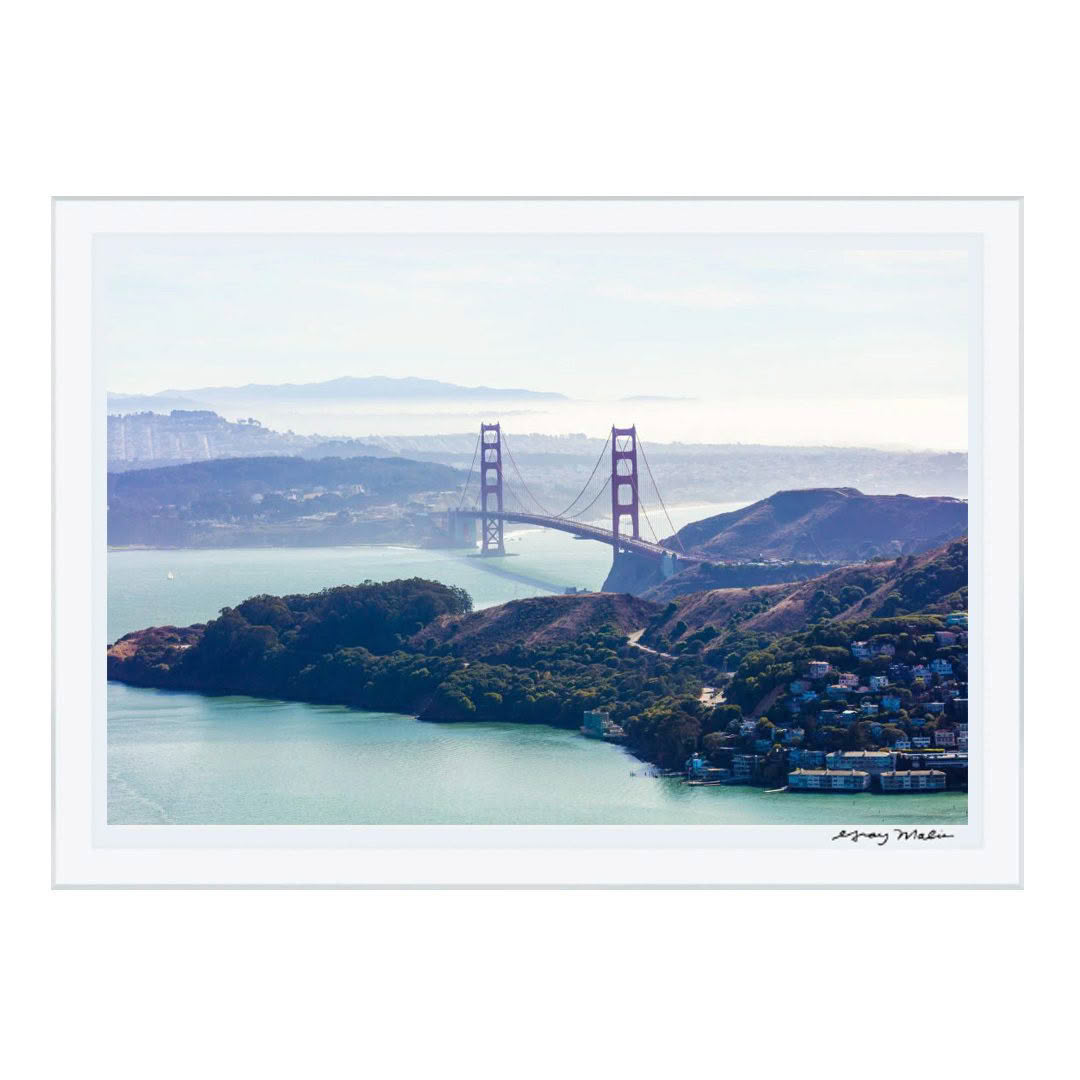 Aerial view of Golden Gate Bridge and surrounding landscape