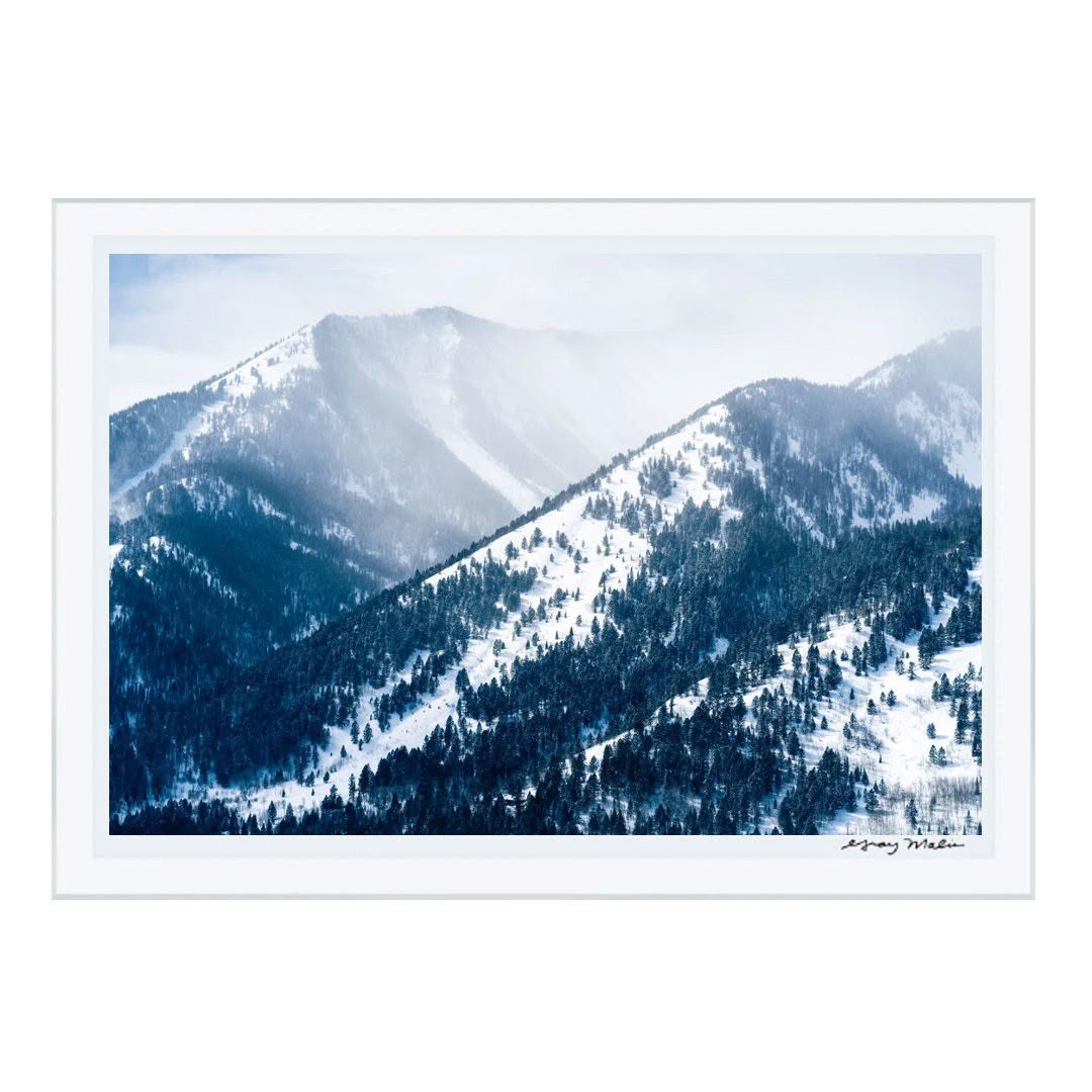 Snowy mountain landscape with trees and mist.