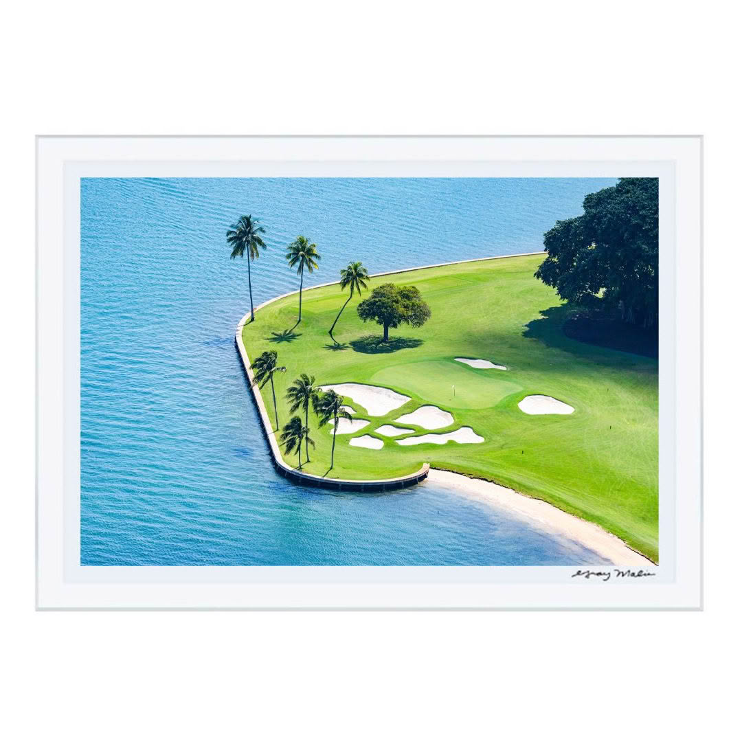 Aerial view of tropical island golf course