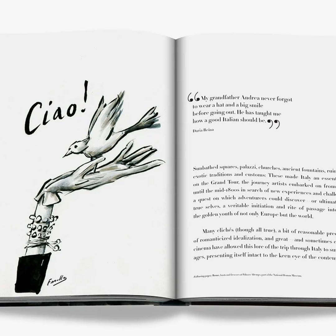Open book with bird illustration saying 'Ciao!'