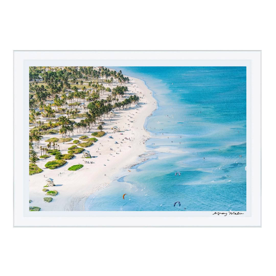 Aerial view of crowded tropical beach with palm trees