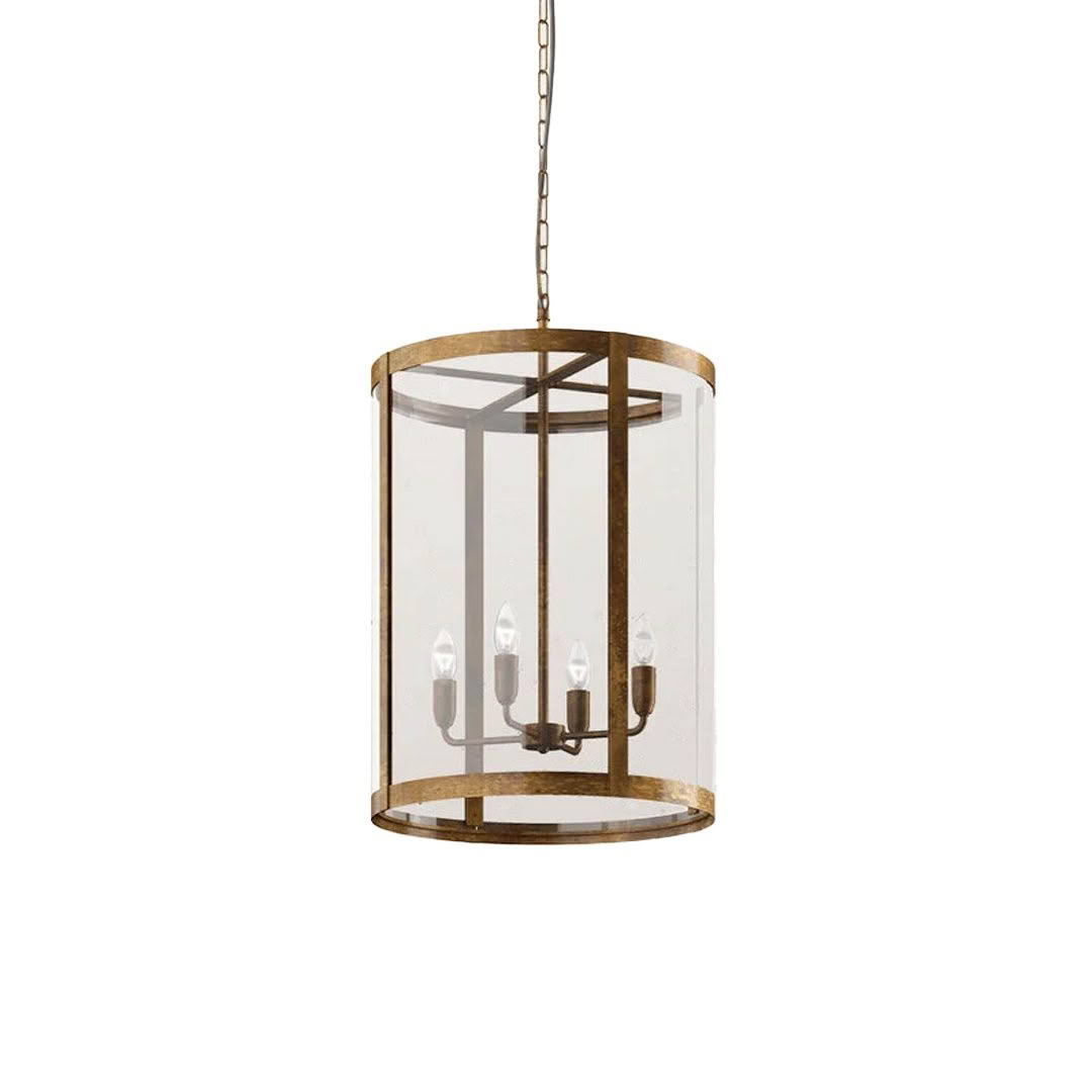 Bronze cylindrical pendant light with clear glass shade