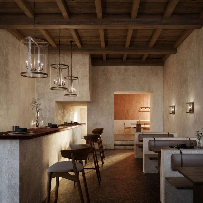 Elegant rustic restaurant interior with hanging lights