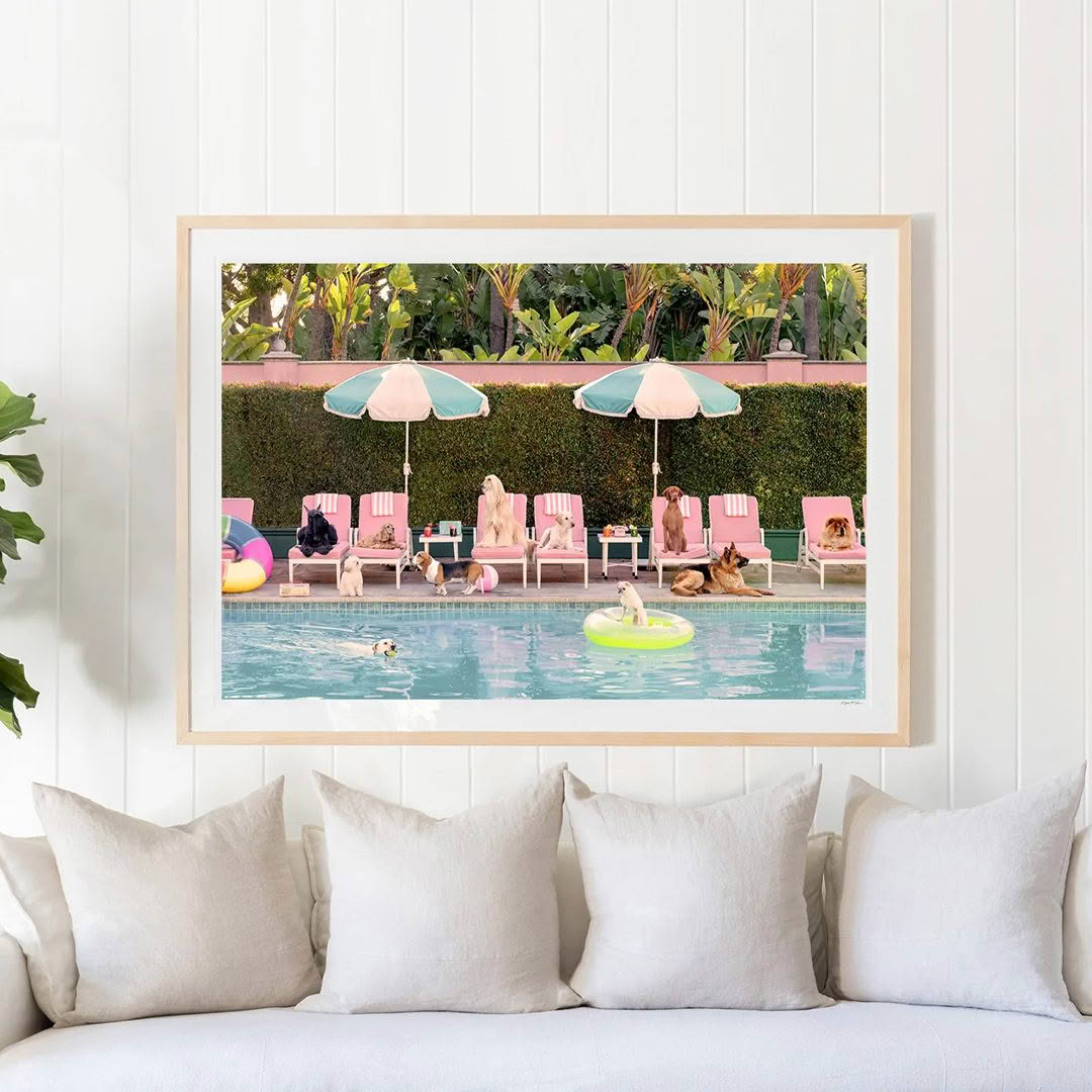 Artistic poolside scene with colorful umbrellas and lounging dogs