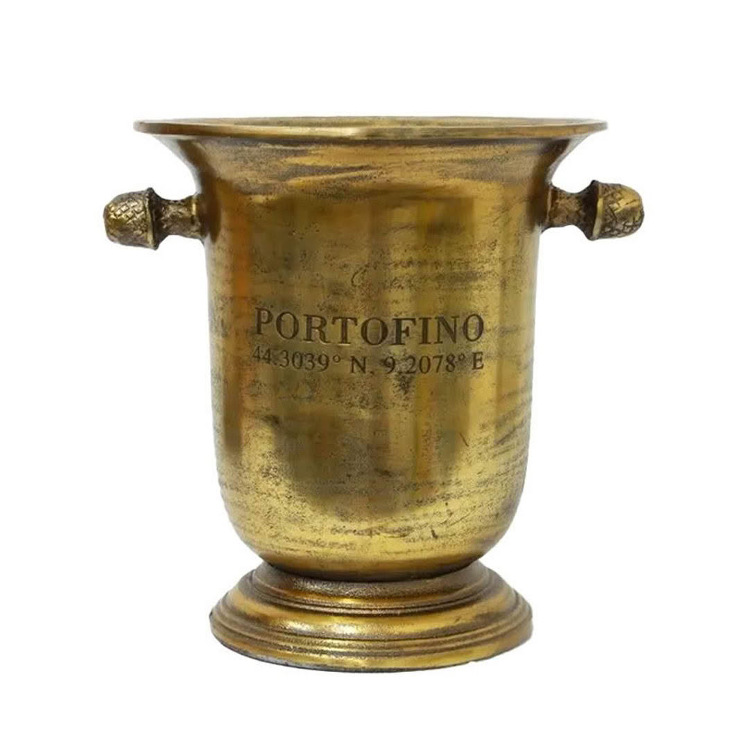 Brass urn with 'Portofino' and coordinates engraved