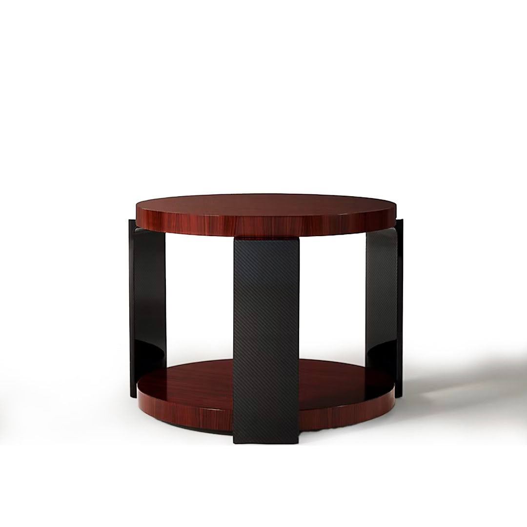 Round red wooden coffee table with black accents