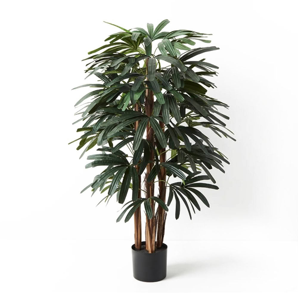 Tall artificial indoor palm tree in black pot
