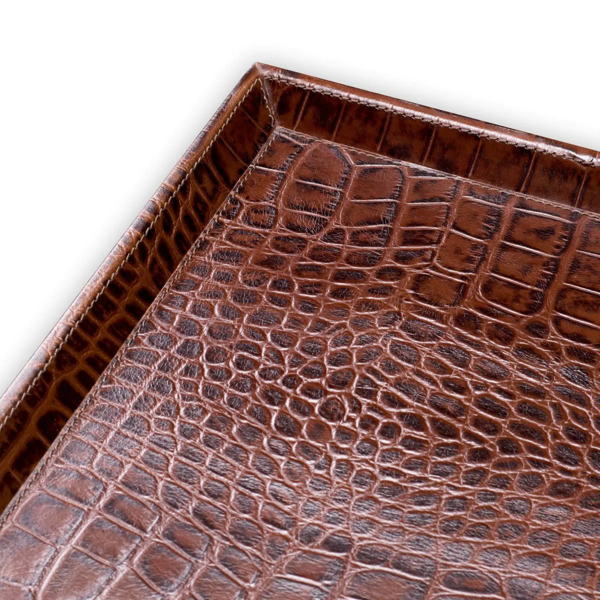 Brown crocodile leather tray with raised edges