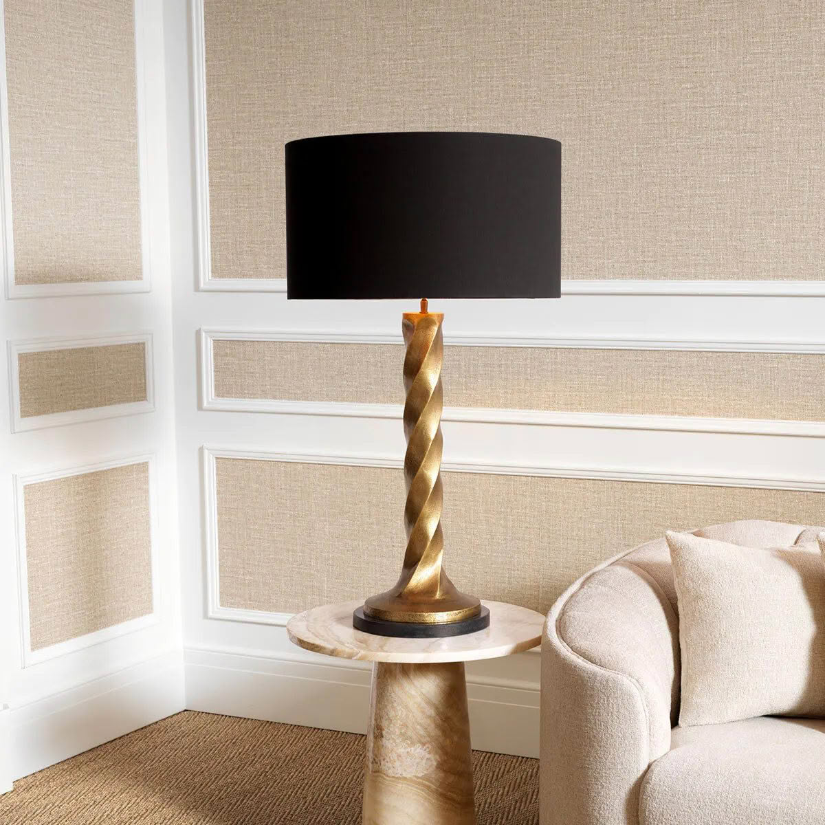Elegant twisted gold floor lamp with black shade
