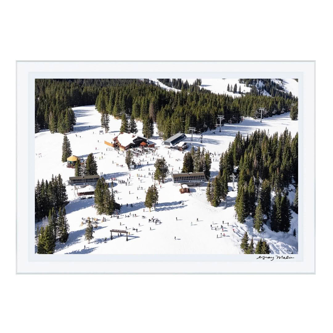 Aerial view of snowy ski resort with trees