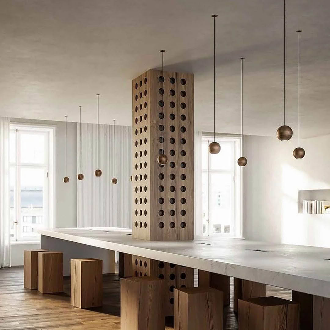 Modern dining room with unique cylindrical wooden centerpiece