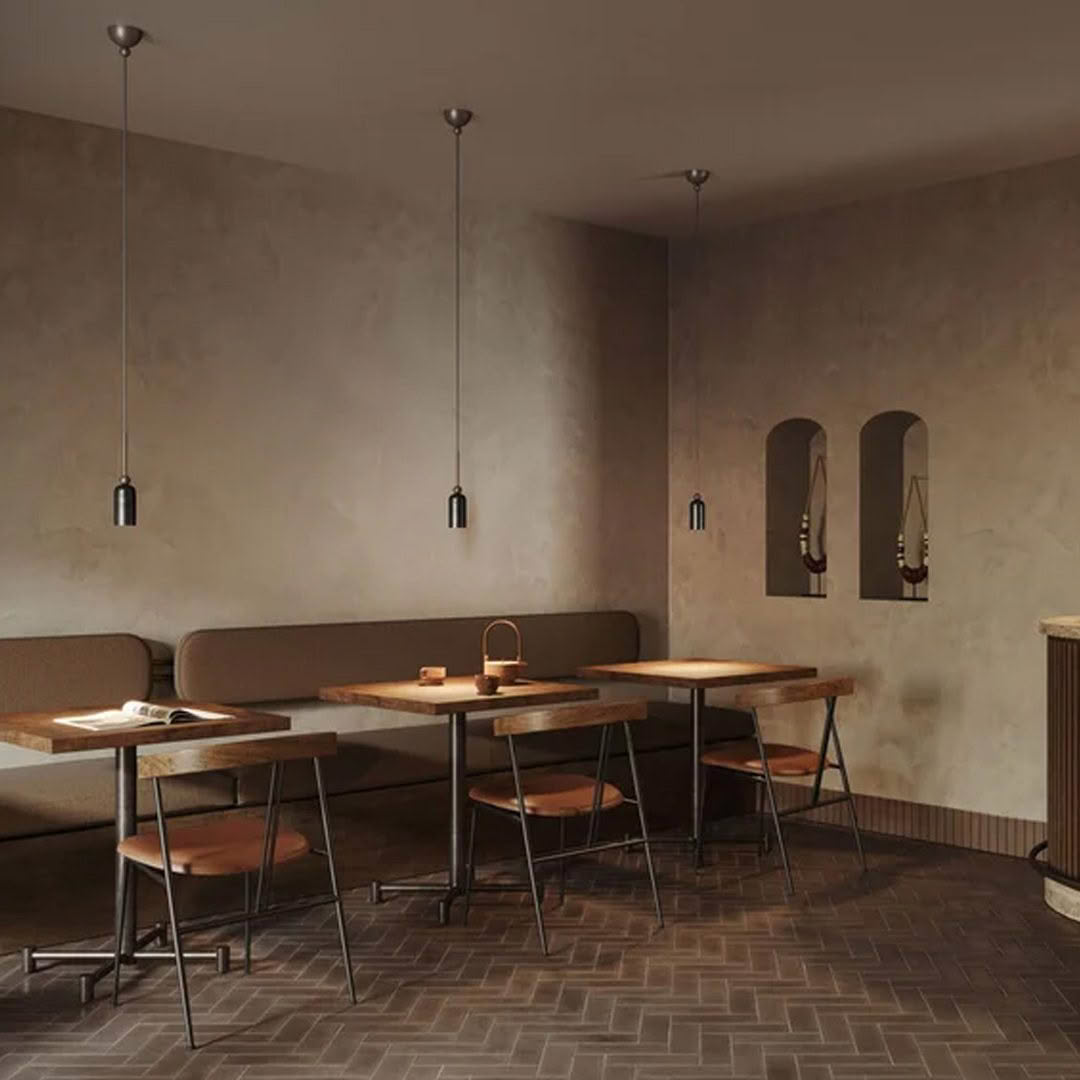 Modern minimalist cafe interior with indirect lighting