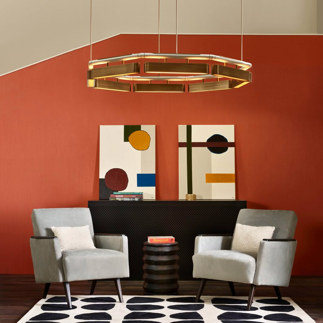 Modern living room with geometric art and stylish furniture