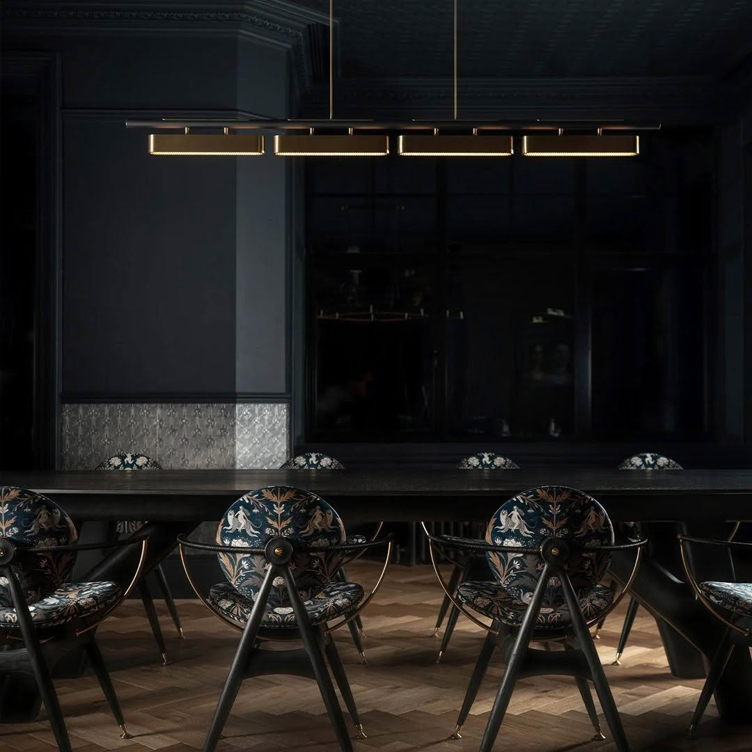 Elegant dark-toned bar with decorative chairs and lighting