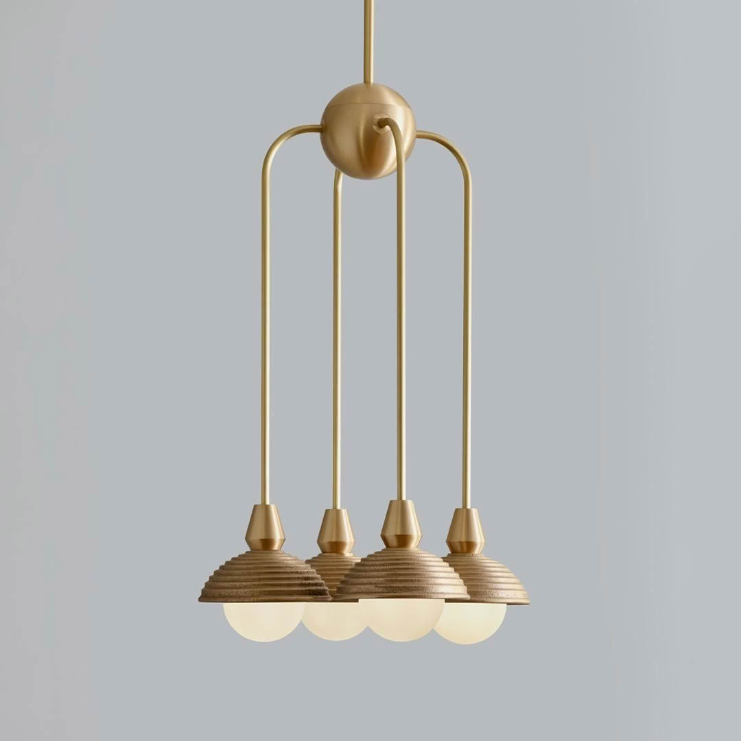 Gold pendant lamp with four scalloped shades