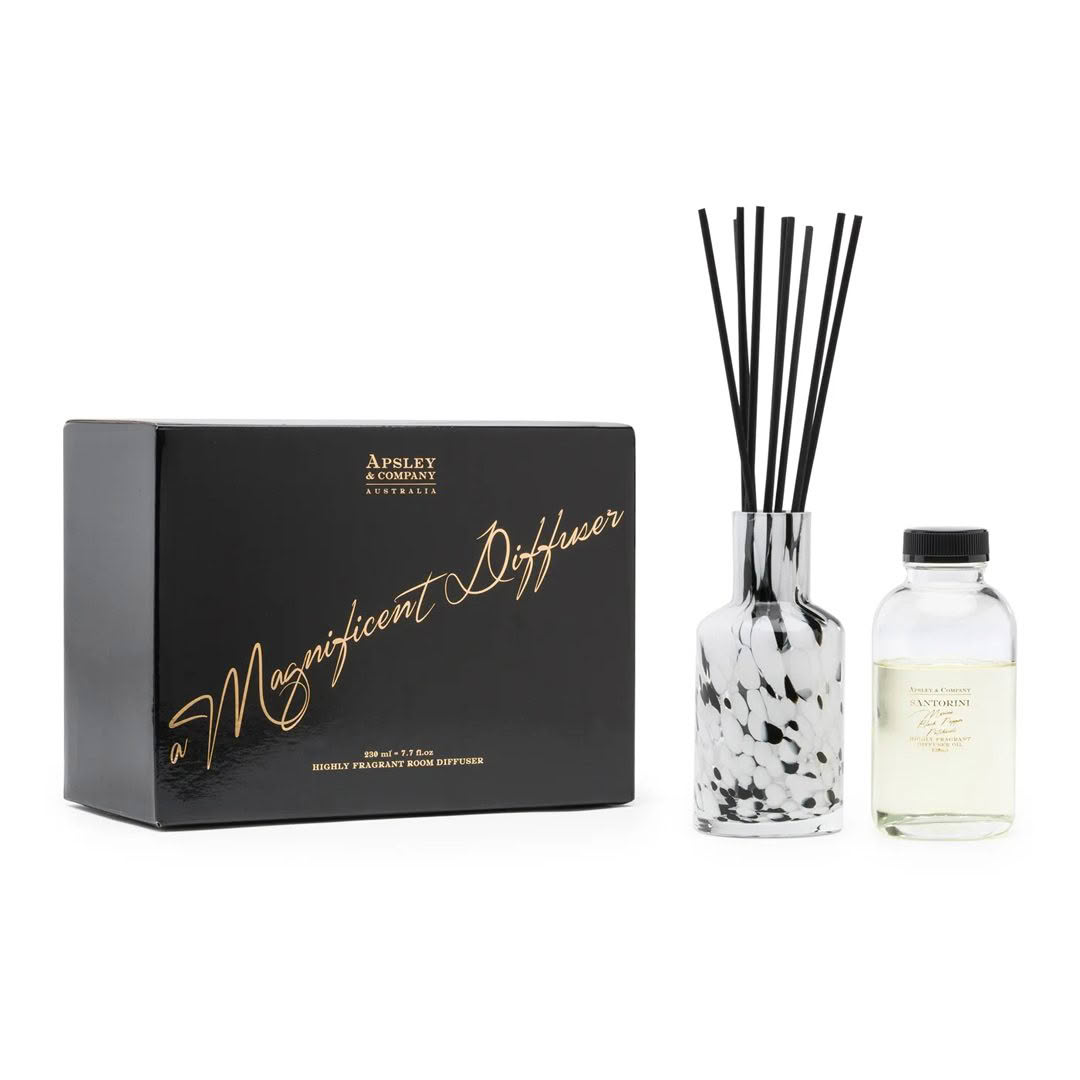 Apsley diffuser set with bottle, reeds, and labelled box