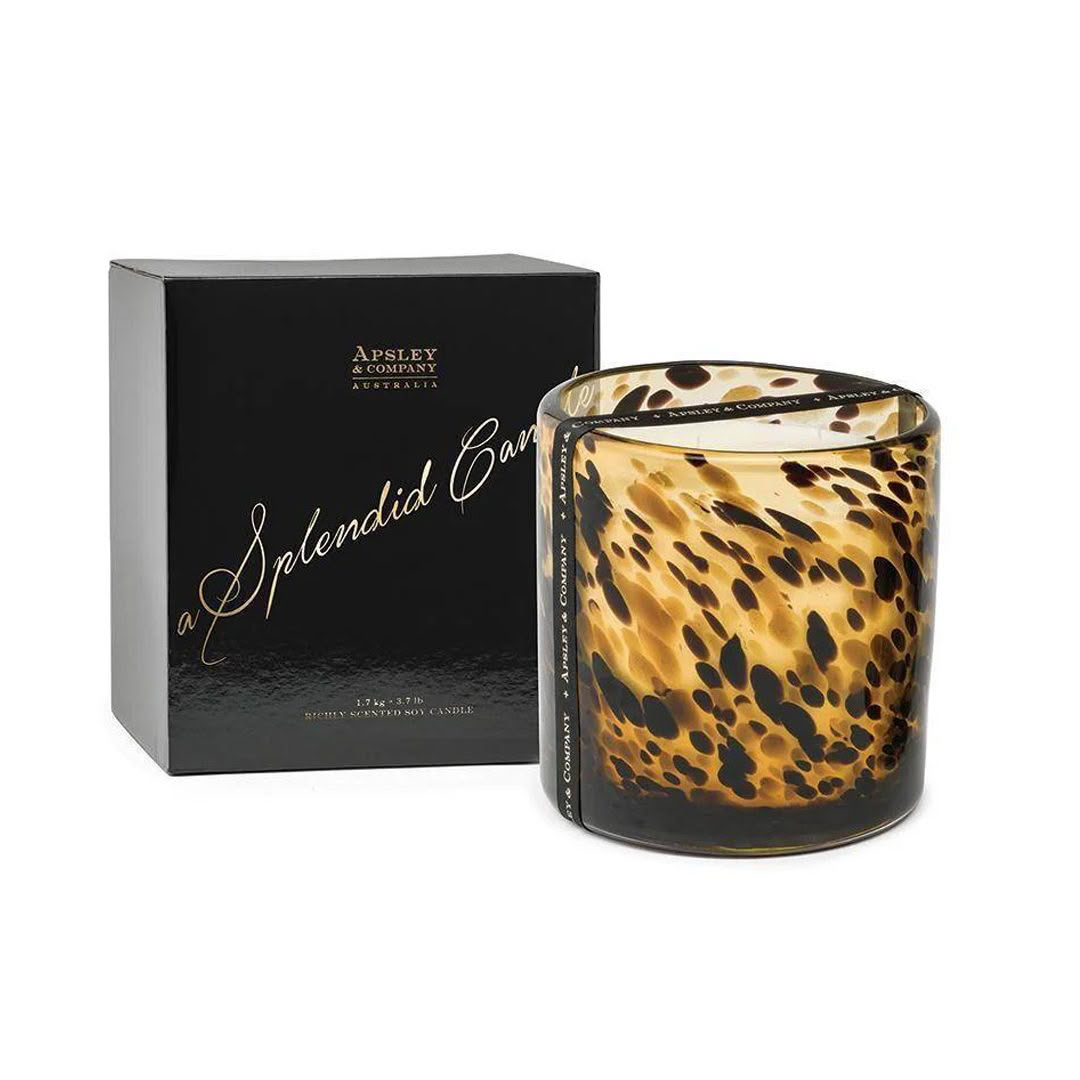 Leopard print scented candle with black packaging