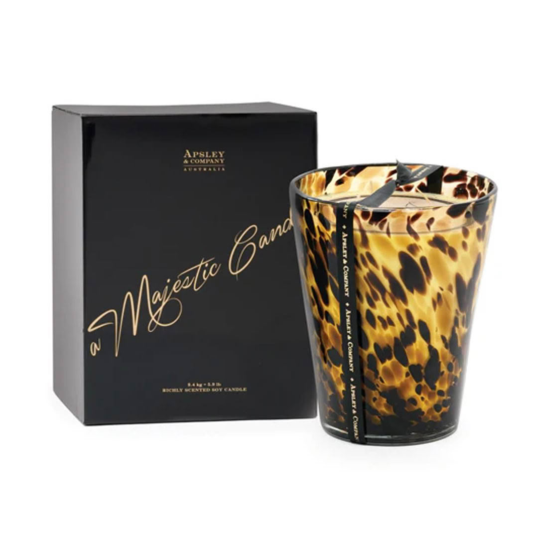 Leopard print candle in black packaging
