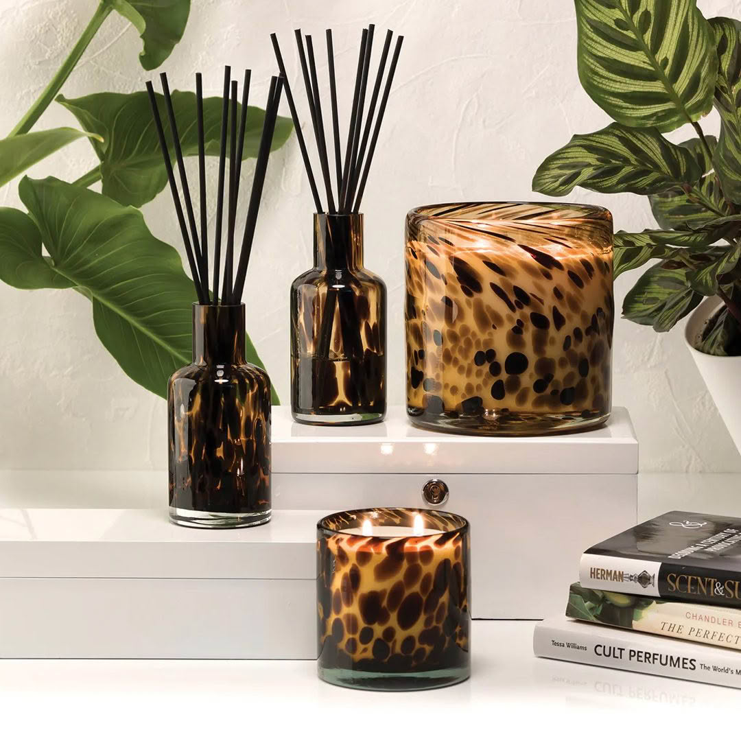 Tortoiseshell pattern decor items with reed diffuser and candle
