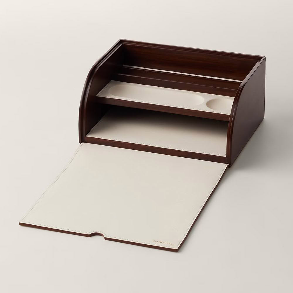 Elegant wooden desk organizer with sliding compartment