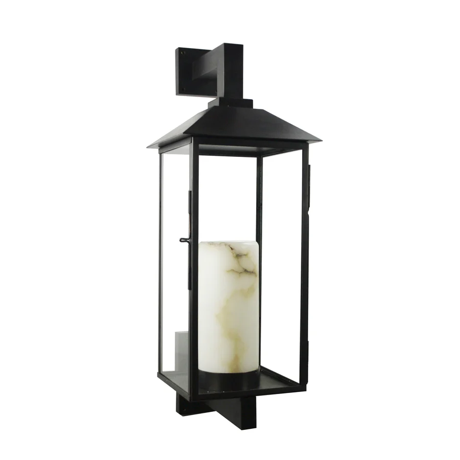 Outdoor wall-mounted black lantern with candle