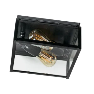 Black mirrored light box with exposed bulbs