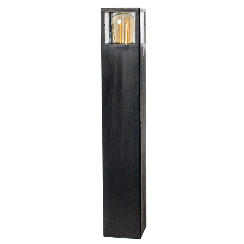 Tall black floor lamp with exposed bulb