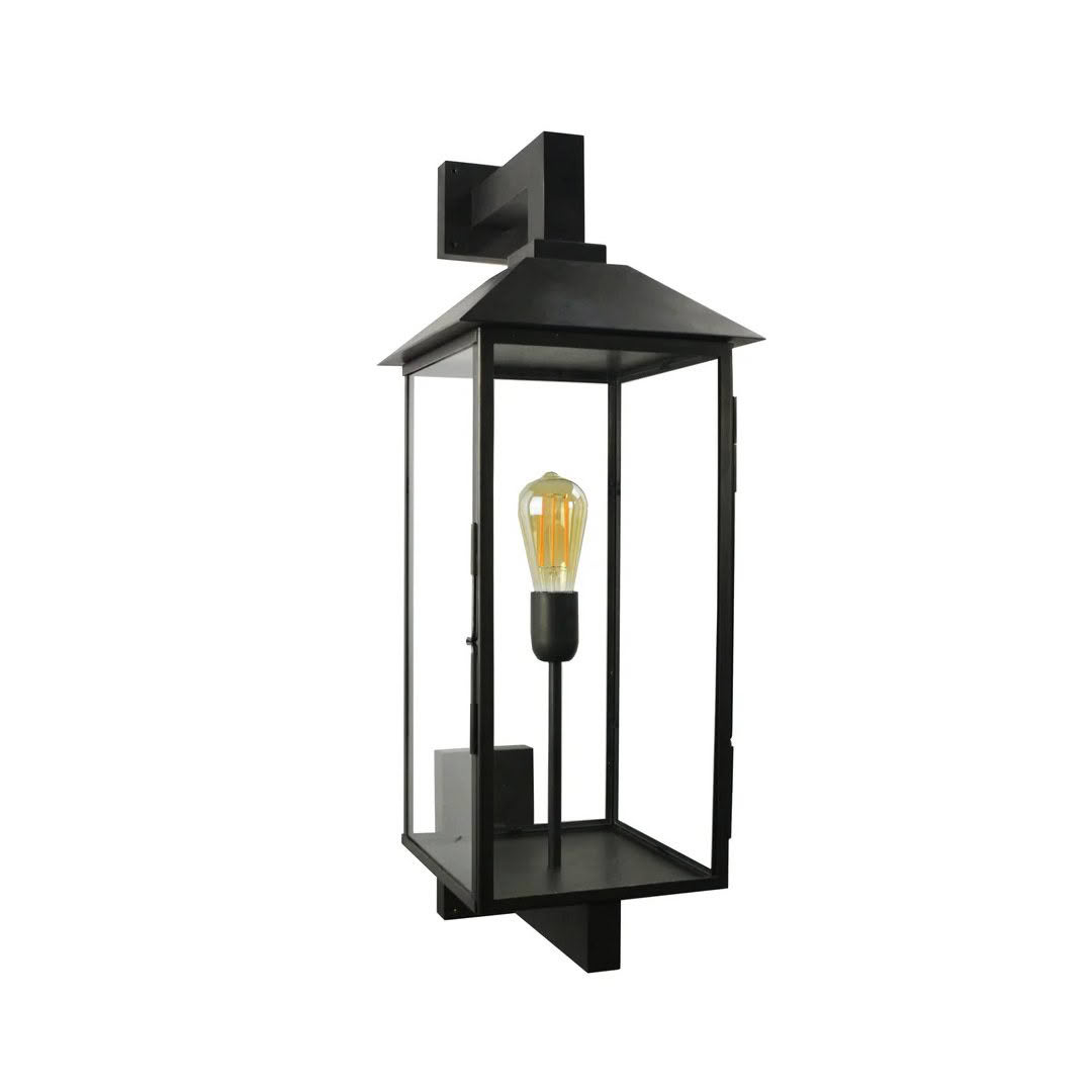 Outdoor black lantern wall sconce with illuminated bulb